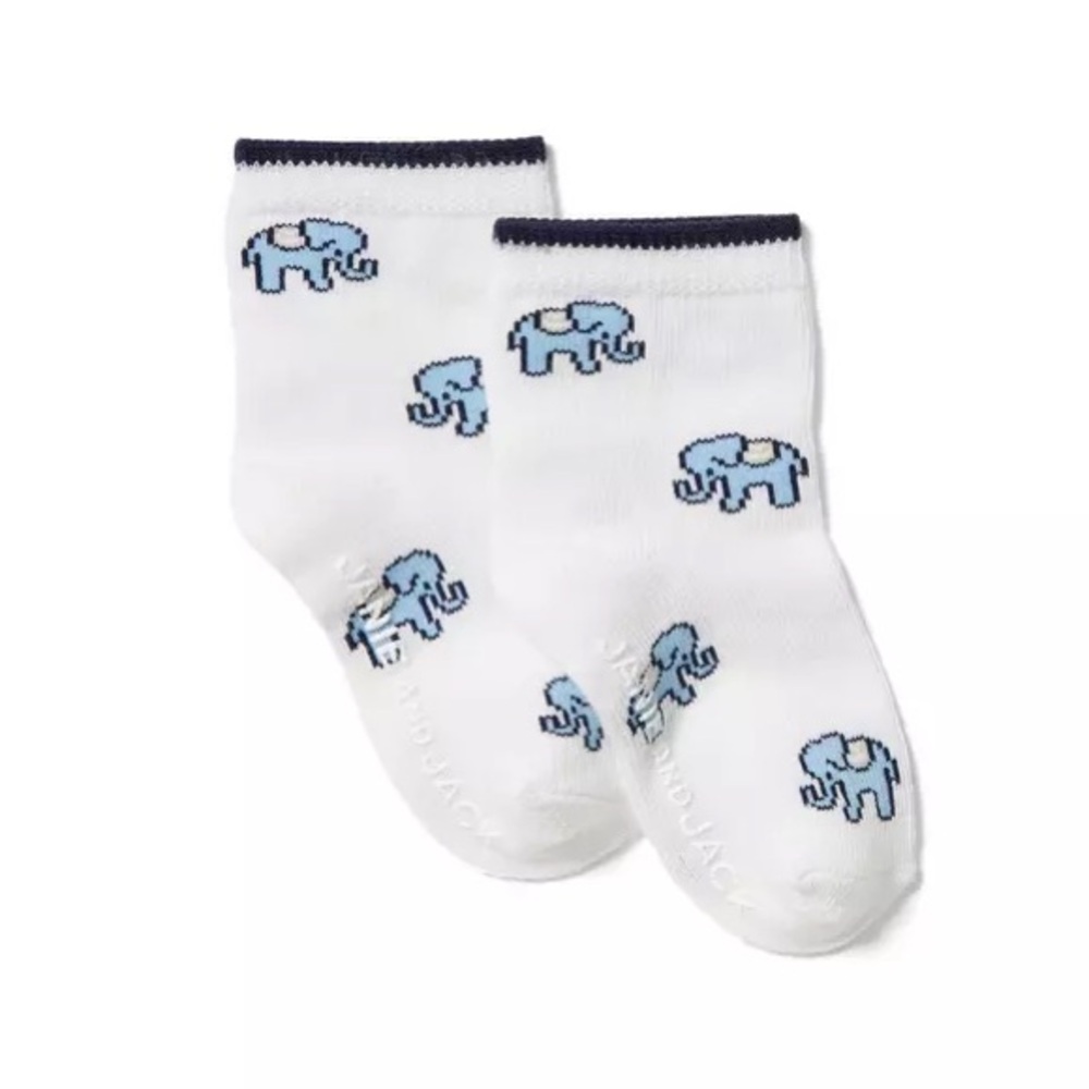 Janie and Jack White Socks with Blue Elephant Design
